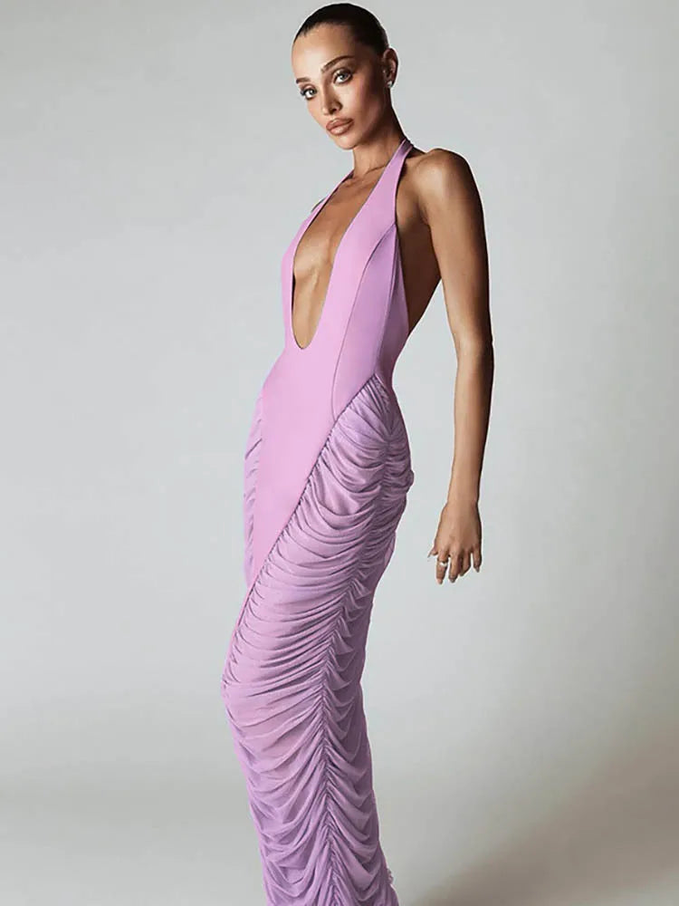 Robe violet clair longue moulante décolleté en V profond