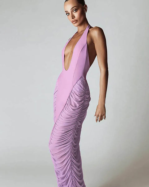 Robe violet clair longue moulante décolleté en V profond