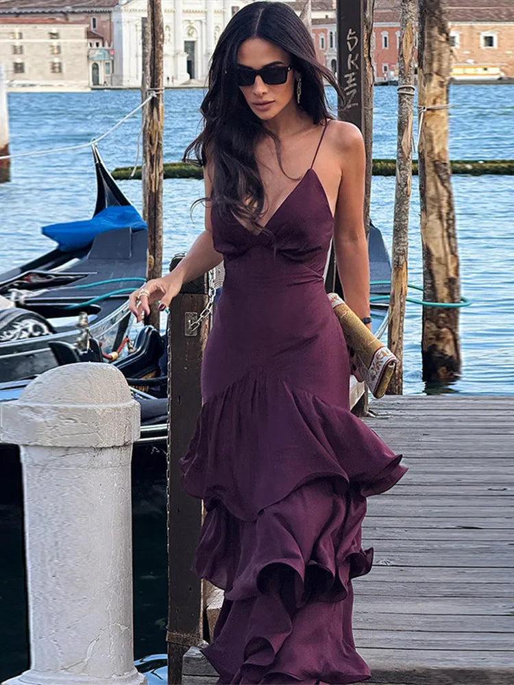 Robe longue violette à volants