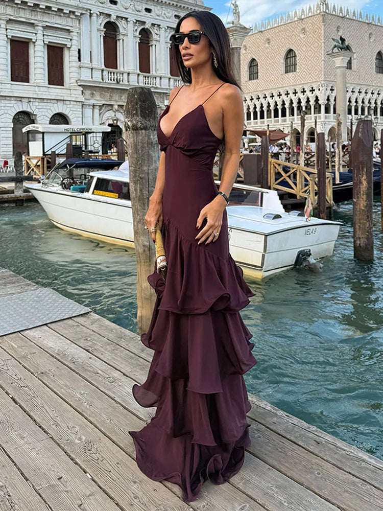 Robe longue violette à volants