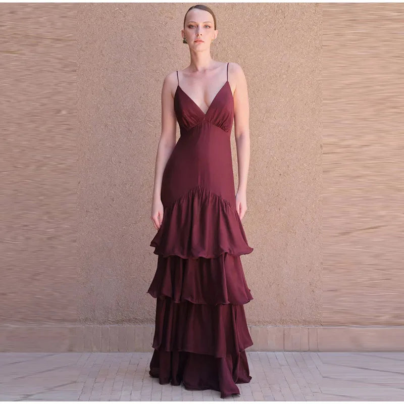 Robe longue violette à volants