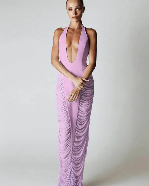 Robe violet clair longue moulante décolleté en V profond