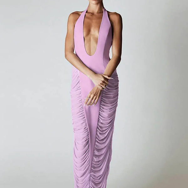 Robe violet clair longue moulante décolleté en V profond